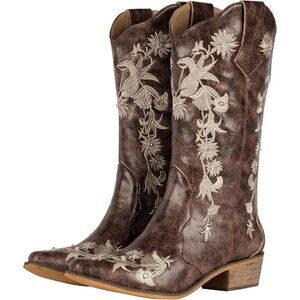 SheSole Women's Floral Embroidered Rhinestone Western Cowboy Boots Wide Calf